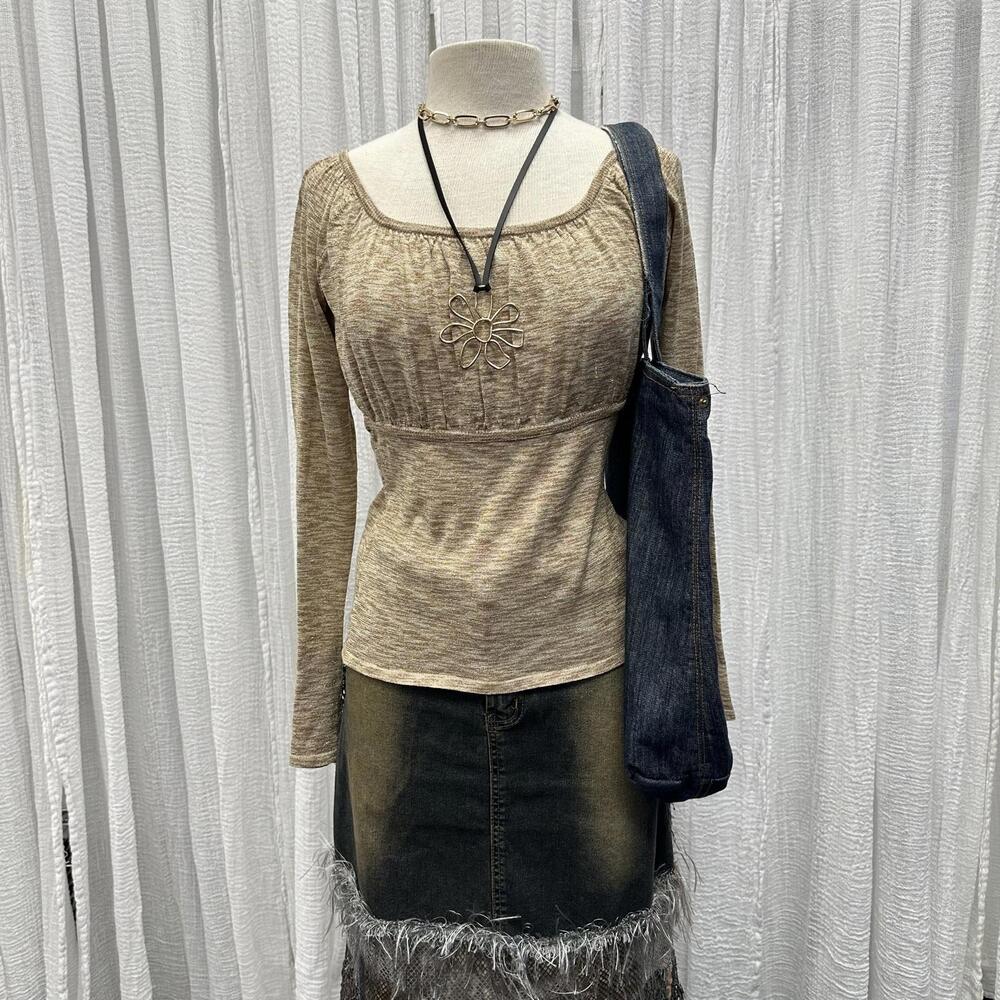 Fairy Boho Cottage Preppy Gold Tan Ribbed Long Sleeve Top (S) - Picture 1 of 7